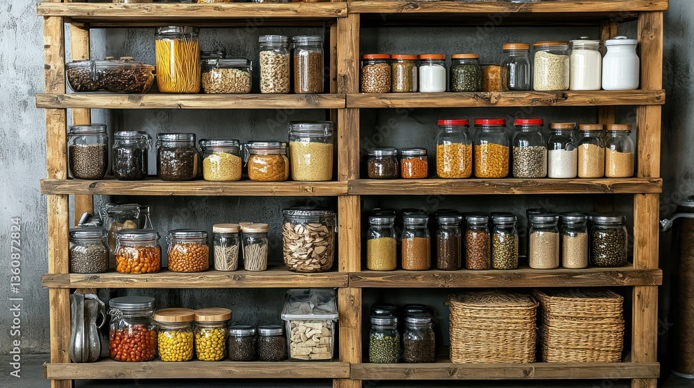 Rustic pantry shelving, filled with various dry goods in glass jars and containers, organized on wooden shelves Rustic pantry shelving, filled with various dry goods in glass jars and containers, organized on wooden shelves