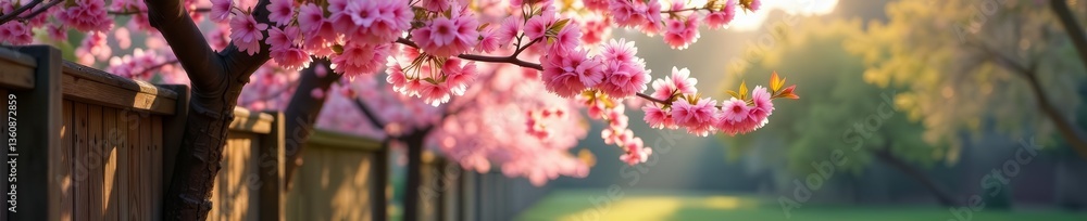Fototapeta premium Blooming cherry blossom tree by rustic wooden fence, sunny day, tranquil outdoor setting, wooden, tree
