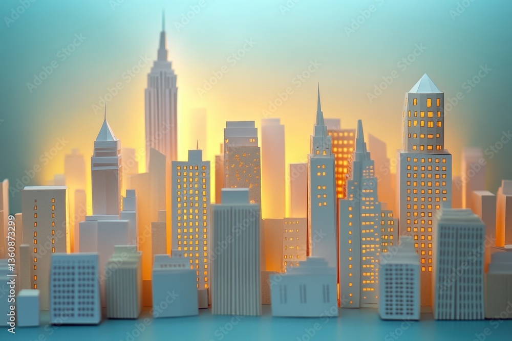 Fototapeta premium Stunning layered cut paper city skyline with soft lighting and modern urban buildings in dynamic perspective Generative AI