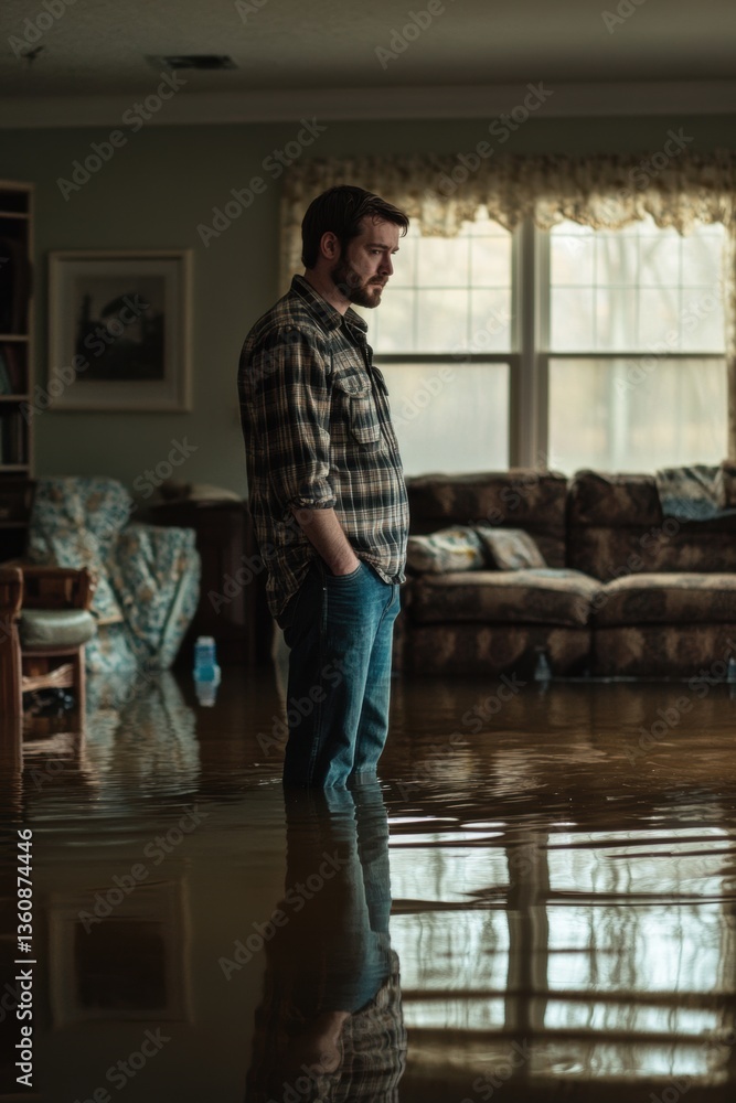 A person stands in flood water in house room. Water damage from flood disaster.