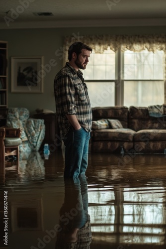 Obraz na płótnie A person stands in flood water in house room. Water damage from flood disaster. w salonie