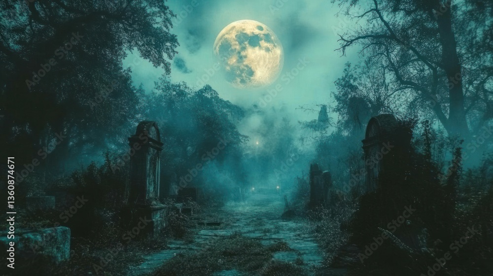 Obraz premium Mysterious Moonlight Cemetery: A haunting night scene of an old graveyard under a full moon, shrouded in mist and surrounded by ancient trees.