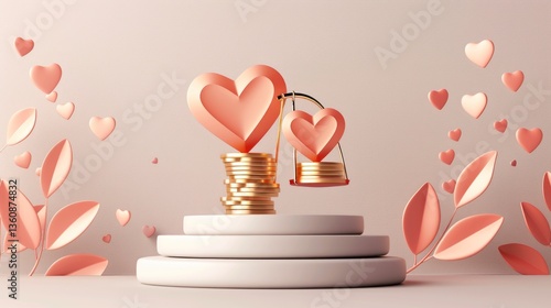 Balancing Love and Wealth A Heart Scale with Coins on a Pedestal
