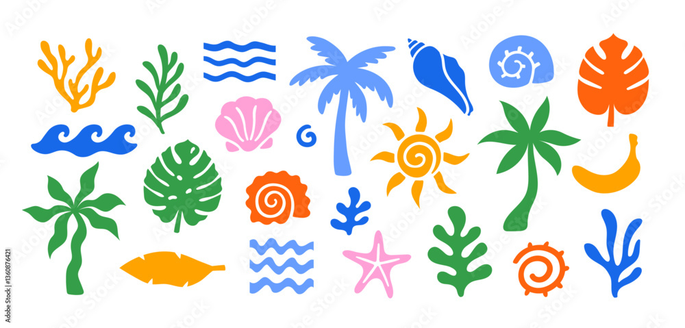 Fototapeta premium Abstract modern vector sea ocean vacation elements in simple wavy and groovy naive style. Design vintage trendy templates
