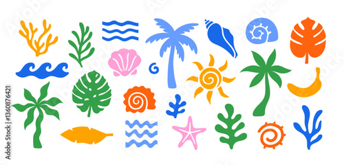 Abstract modern vector sea ocean vacation elements in simple wavy and groovy naive style. Design vintage trendy templates