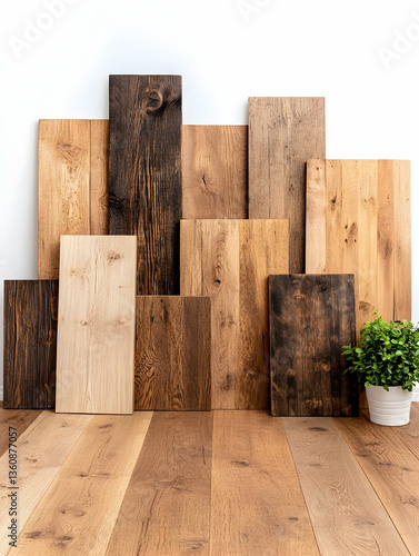 Oak wood samples displayed against white wall