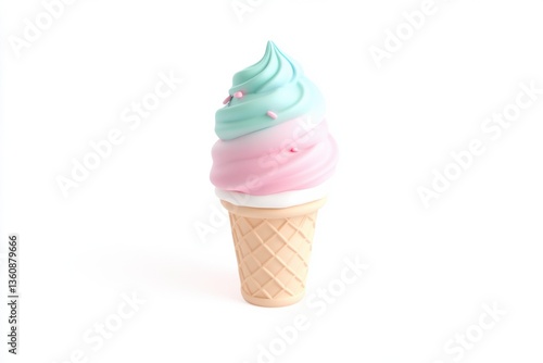 Charming 3D clay style ice cream cone icon with vibrant colors and soft textures on white background