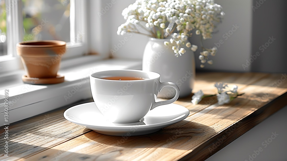 A cup of tea by the window with a floral arrangement on rustic wooden boards in sunlight. A cup of tea by the window with a floral arrangement on rustic wooden boards in sunlight.