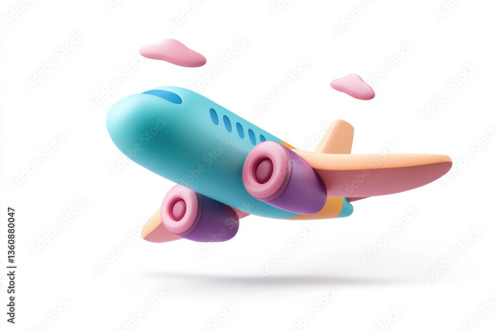 Fototapeta premium Colorful plasticine style airplane icon floating above a clean white background