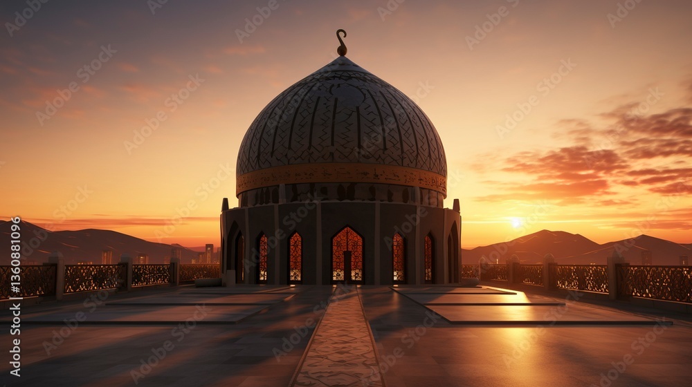 Fototapeta premium Majestic mosque with golden dome at sunset, reflecting serene beauty and architectural elegance.