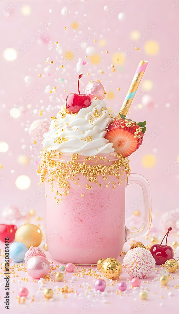 Pink milkshake decorated with whipped cream, cherries, and sprinkles Pink milkshake decorated with whipped cream, cherries, and sprinkles
