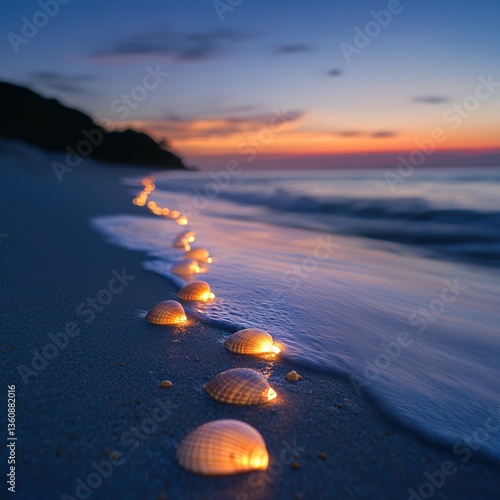 Illuminated Seashells Guiding the Way on a Tranquil Beach at Dusk