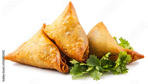 Samosas, Indian street food, isolated on white