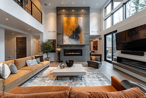 A contemporary living room with clean lines, minimalist design, plush seating, and a dramatic focal point like an oversized fireplace or a large piece of abstract art