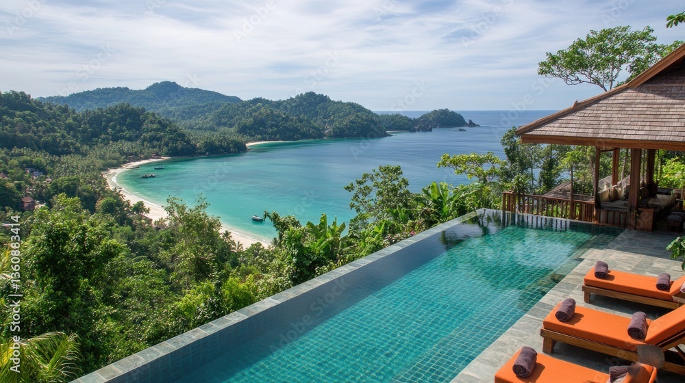 Fototapeta premium Resort-style infinity pool overlooking a tropical beach with sun loungers neatly arranged.