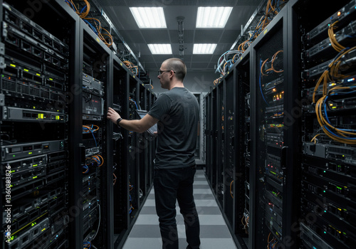A man working in a server room full of computers and cables, monitoring screens and connecting wires meticulously.