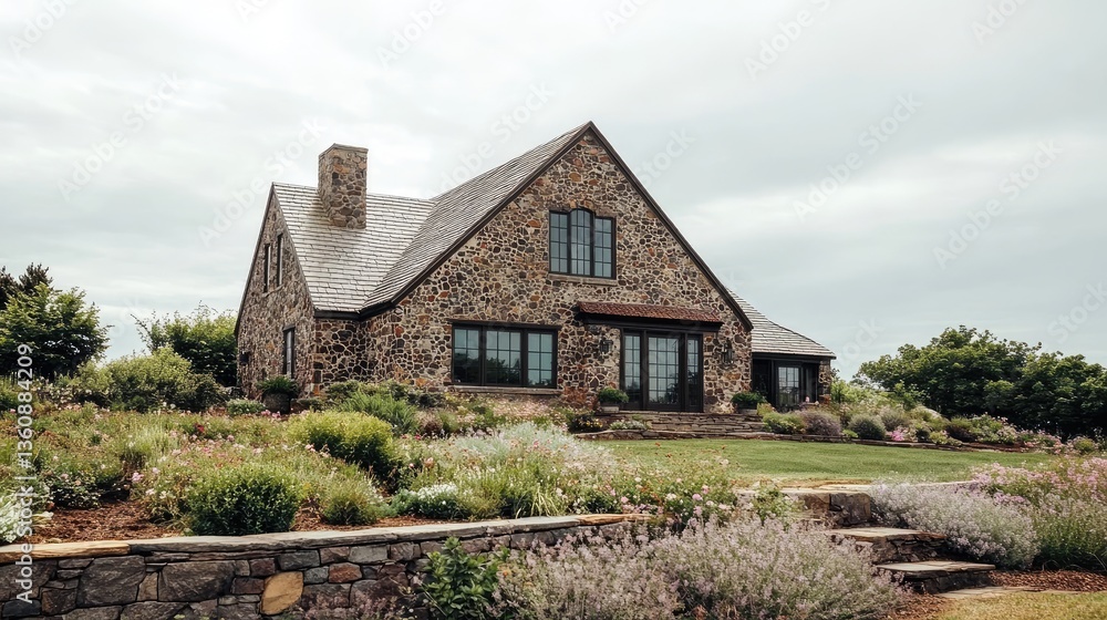 Fototapeta premium Scenic vineyard resort with rolling hills, a rustic stone villa, and a relaxing wine-tasting area.