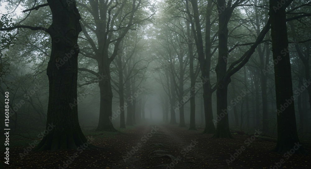 Fototapeta premium Misty Forest Path Through Ancient Woods 