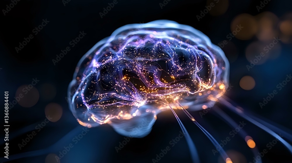 Glowing translucent brain with purple and orange neural connections on dark background showing synaptic activity and consciousness visualization for neuroscience concepts. Glowing translucent brain with purple and orange neural connections on dark background showing synaptic activity and consciousness visualization for neuroscience concepts.