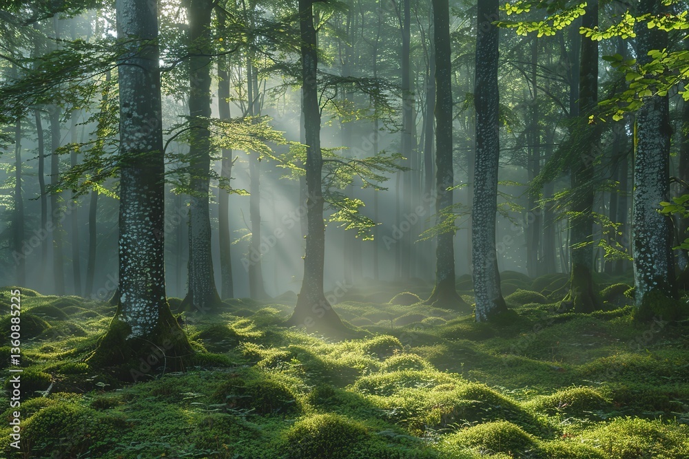Obraz premium A foggy morning in a dense forest, tree trunks emerging from the mist, soft sunlight filtering through the canopy, the ground covered in soft moss,