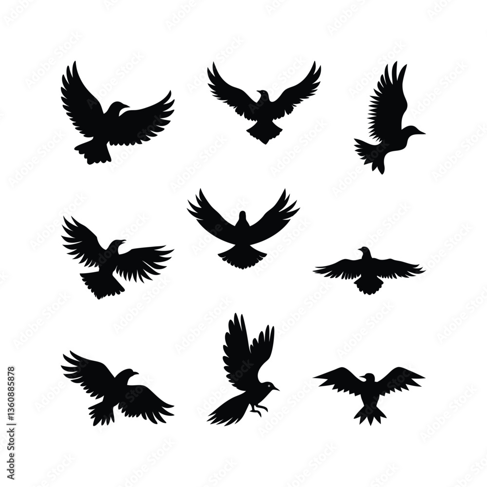 A collection of black eagle silhouettes in various flight 1 A collection of black eagle silhouettes in various flight 1