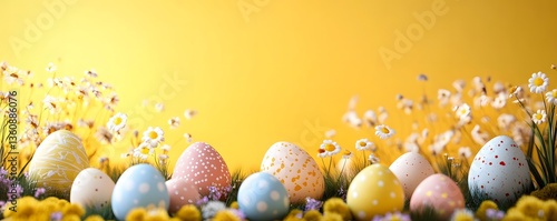 Colorful easter eggs lying in grass with spring flowers on yellow background