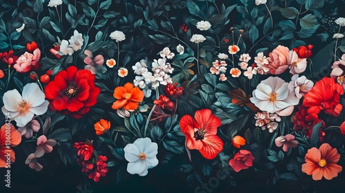 Wallpaper Mural Colorful flowers blooming seamlessly on dark green foliage background Torontodigital.ca