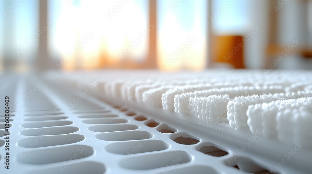 Fototapeta premium Rows of white pharmaceutical capsules on automated production line machinery, soft focus manufacturing process with warm backlighting through windows.