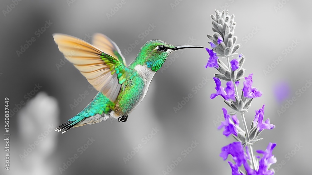 Fototapeta premium Vivid green hummingbird feeding on a grayscale flower its wings blurred in motion