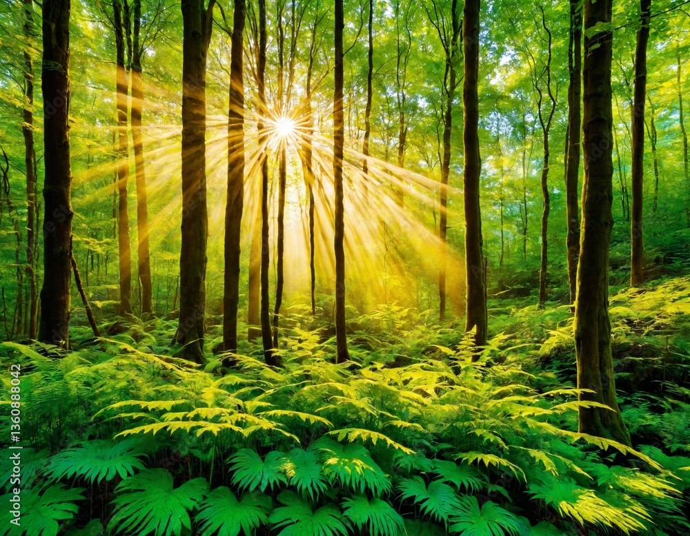 Obraz premium Sunlight Streaming Through Lush Green Forest in Springtime