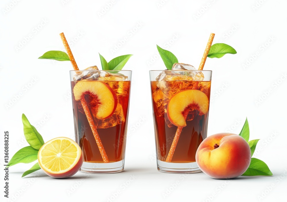 Refreshing Peach Iced Tea with Slices and Fresh Leaves in Glasses on Clean Background for Summer Beverage Inspiration Refreshing Peach Iced Tea with Slices and Fresh Leaves in Glasses on Clean Background for Summer Beverage Inspiration