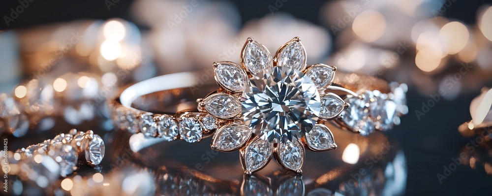 Fototapeta premium Luxury diamond ring sparkling on reflective surface with other jewelry