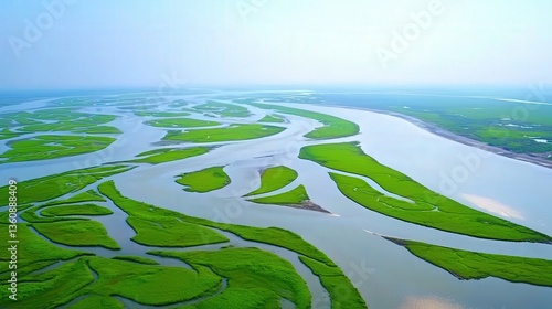 Aerial view of a serene river meandering through lush green wetlands, creating a stunning natural landscape.