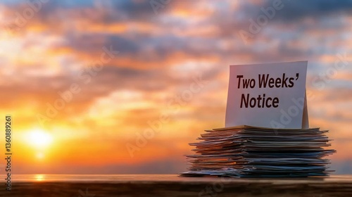 A stack of papers with a 'Two Weeks' Notice' prominently displayed against a stunning sunset backdrop.