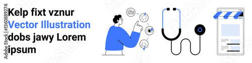 Man pointing at virtual icons representing medical care and business tools, stethoscope symbolizing healthcare, and digital storefront for online commerce. Ideal for telehealth, e-commerce