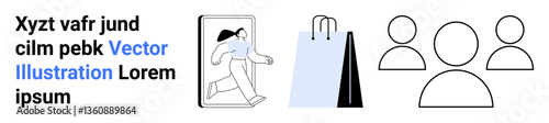 Woman exits smartphone screen with shopping bags nearby, accompanied by group icons representing customers. Ideal for e-commerce, retail, marketing, technology, connectivity, community, simple