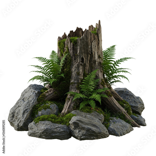 Charm of nature: tree stump with fern and stones clipart isolated on transparent background