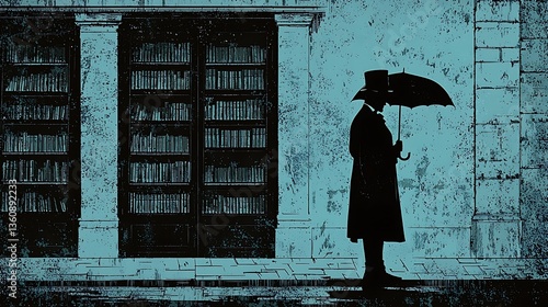 Silhouette of man under umbrella near bookshelves