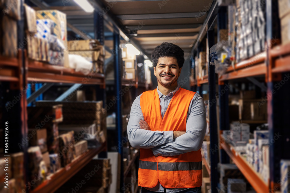 Portrait of confident interracial storage manager with arms crossed smiling at camera. Portrait of confident interracial storage manager with arms crossed smiling at camera.