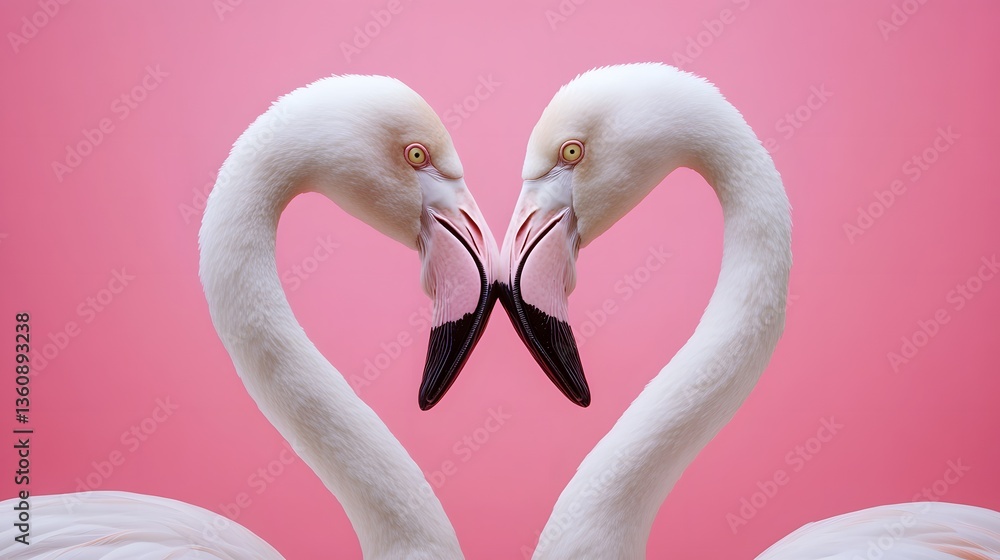 Naklejka premium Two flamingos forming heart shape with necks on pink background