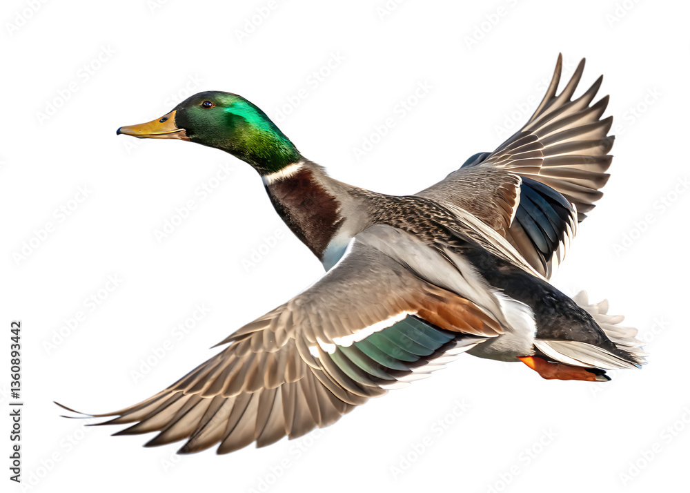 wild duck flying in beautiful light isolated on white background, PNG. wild duck flying in beautiful light isolated on white background, PNG.