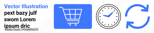 Shopping cart, clock, and refresh arrow conveying e-commerce, scheduling, process, interaction, system optimization, retail efficiency and strategy. Ideal for app interfaces or a simple landing page