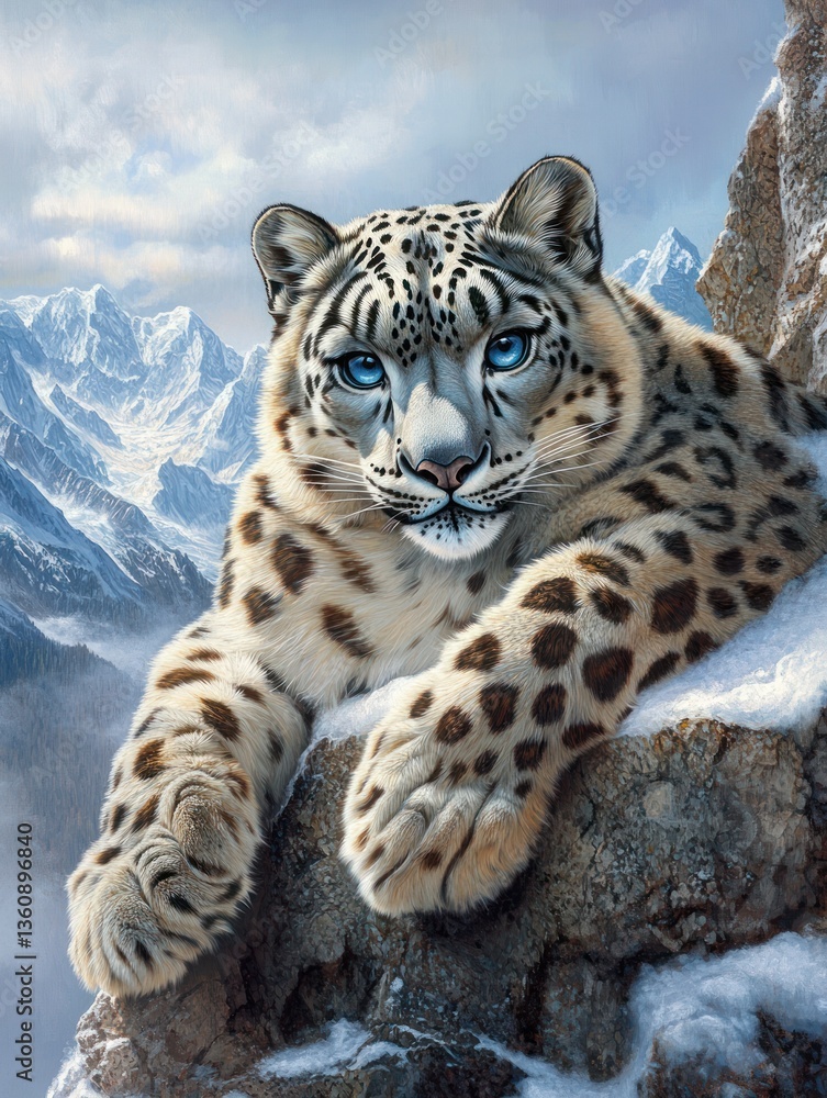 Naklejka premium Majestic Snow Leopard on Snowy Mountain Peak