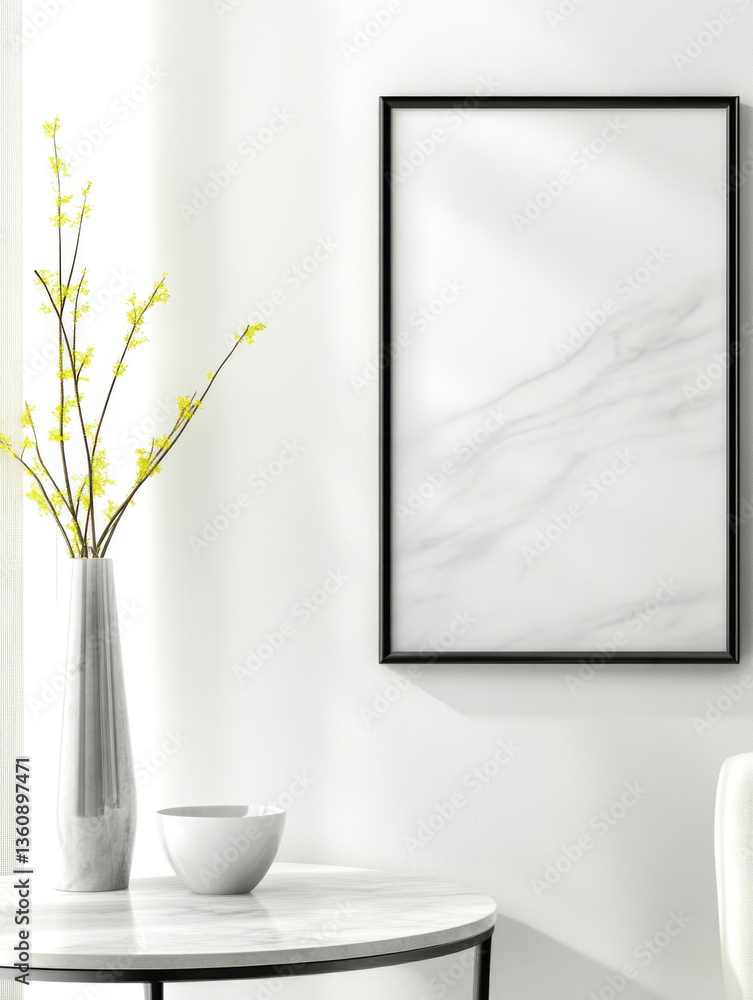 Fototapeta premium Blank vertical poster mockup in sleek frame on modern wall display