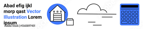 Warehouse icon, cloud graphics, and blue calculator represent supply chain, logistics, inventory, data analysis. Ideal for e-commerce operations, cloud storage, finance inventory tracking shipping