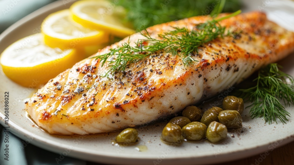 Pan-seared flounder served with a garnish of capers, lemon slices, and fresh dill Pan-seared flounder served with a garnish of capers, lemon slices, and fresh dill