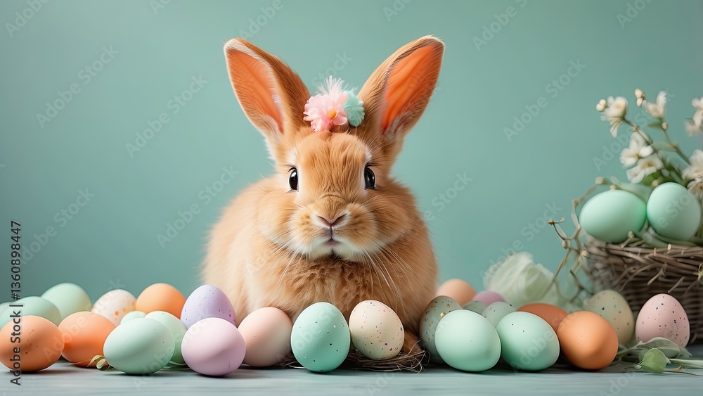 Fototapeta premium Charming Brown Bunny with Easter Egg Nest Crown on Pastel Green Backdrop