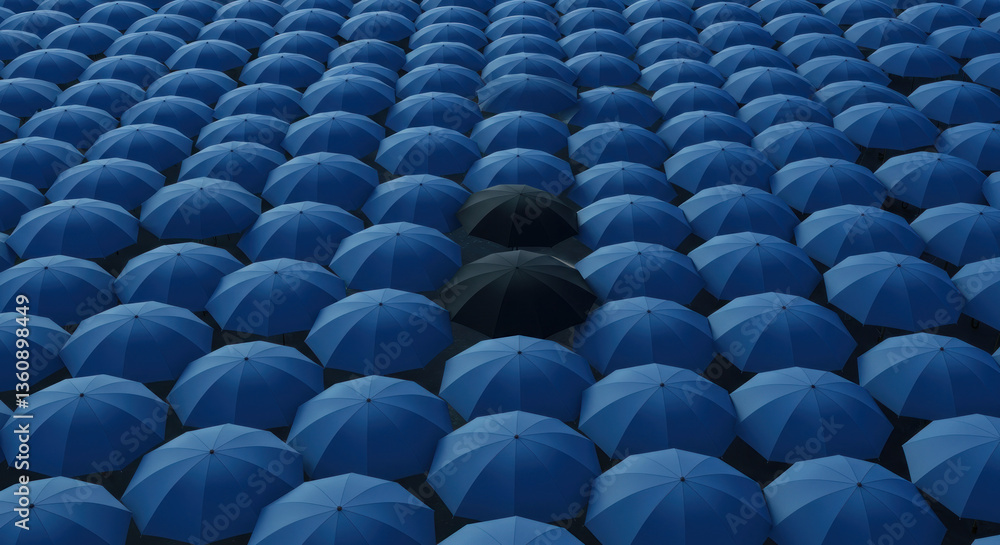 Obraz premium Person standing in crowd of blue umbrellas.