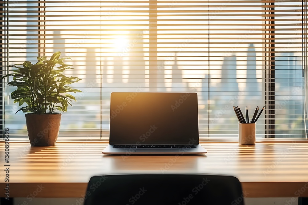 Fototapeta premium Modern office with laptop on wooden desk and bright cityscape background