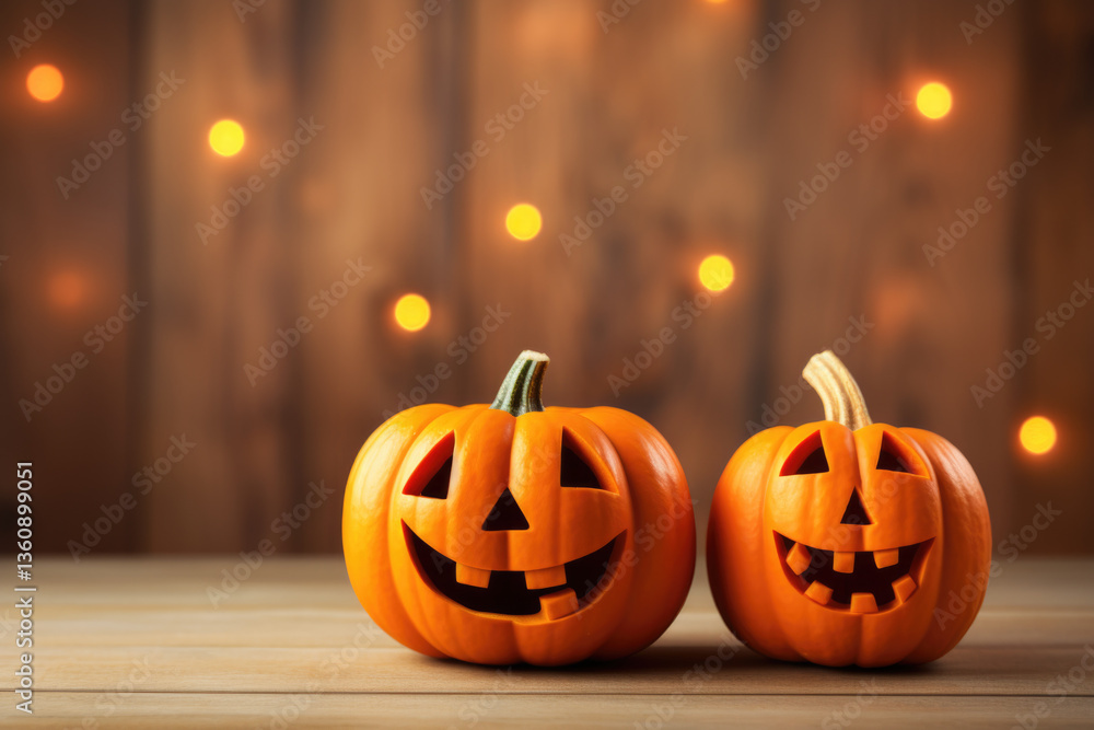 Fototapeta premium Brightly carved Halloween pumpkins bring festive cheer to autumn decorations